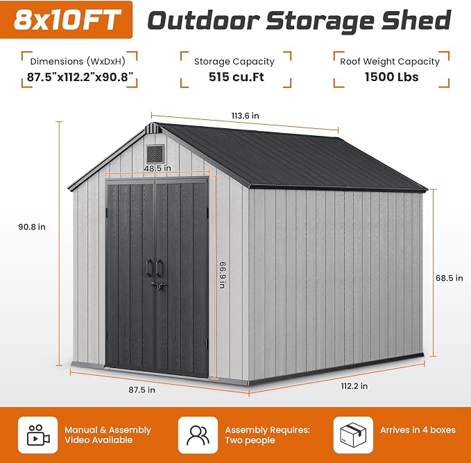 Jocoevol Outdoor Storage Shed, 8x10FT Resin Shed with Floor/Windows/Lockable Door/Vents, 15mm Thickened Heavy Duty All-Weather Garden Tool Shed for Backyard, Patio, Lawn, Gray - Image 2