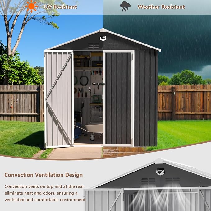 8X6 FT Outdoor Storage Shed, Metal Garden Shed, Storage Tool Sheds with Lockable Doors, Waterproof Outside Storage Building for Backyard, Patio (Black; Floor Not Included) - Image 5