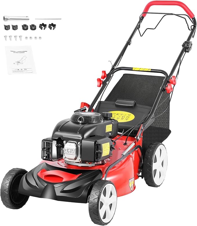 Self-Propelled Gas Lawn Mower, 140CC 5HP 4-Stroke OHV Engine, 20in Cutting Width 8 Adjustable Heights (1-3.2in), 15.9Gal Grass Bag for Yard Garden Lawn Maintenance by SHZICMY