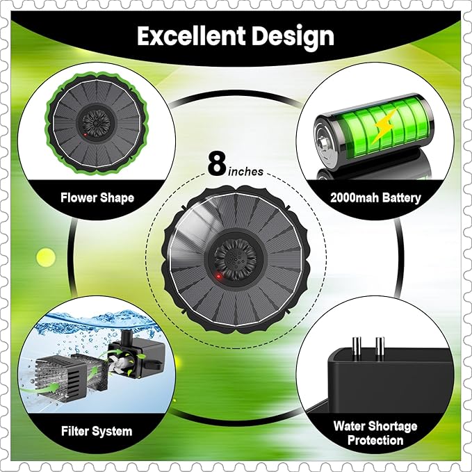 Yzert Solar Fountain with 2000mAh Battery & Innovative Indicator Works in Cloudy Day, 3.5W 2026 Glass Solar Water Fountain Pump Flower Shape with 7 Nozzles for Bird Baths, Pools, Outdoors (Black)