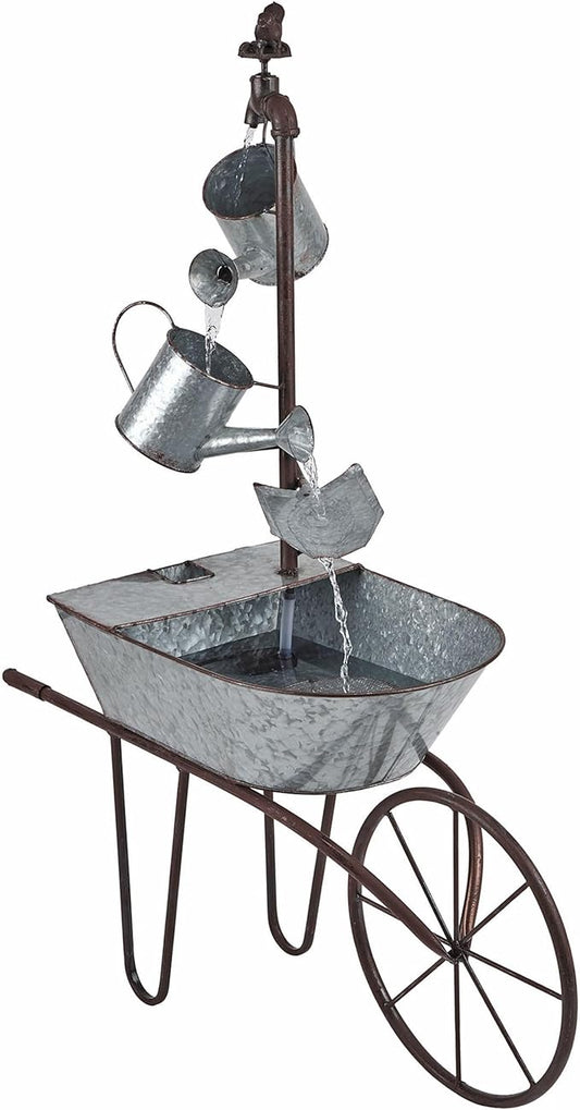 Alpine Corporation MCC574 Outdoor Floor Galvanized Shovel Pitcher Bucket Fountain, 41" Vintage Garden Water Feature, Patio & Backyard Décor, Gray