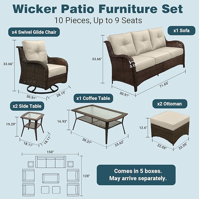 Patio Furniture Set, 10PCS Outdoor Wicker Conversation Set with 6" Thick Cushions, High Back Rattan Sofa & Swivel Rocker Chairs, Weather Resistant Olefin Fabric for Garden, Poolside, Beige