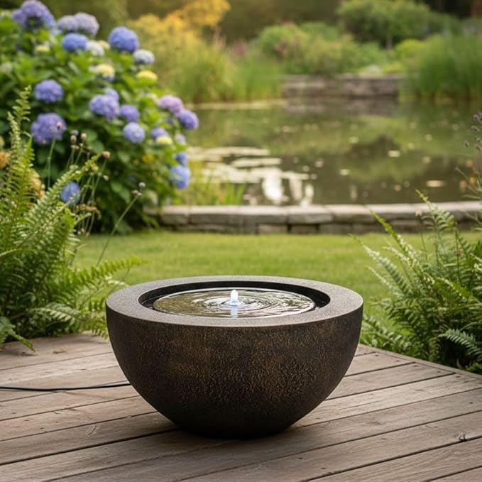 XBrand 19.8" W Round Sphere Water Fountain Indoor Outdoor with LED Light, Polyresin Bubbler Feature for Patio Garden Yard Home Décor, Bronze