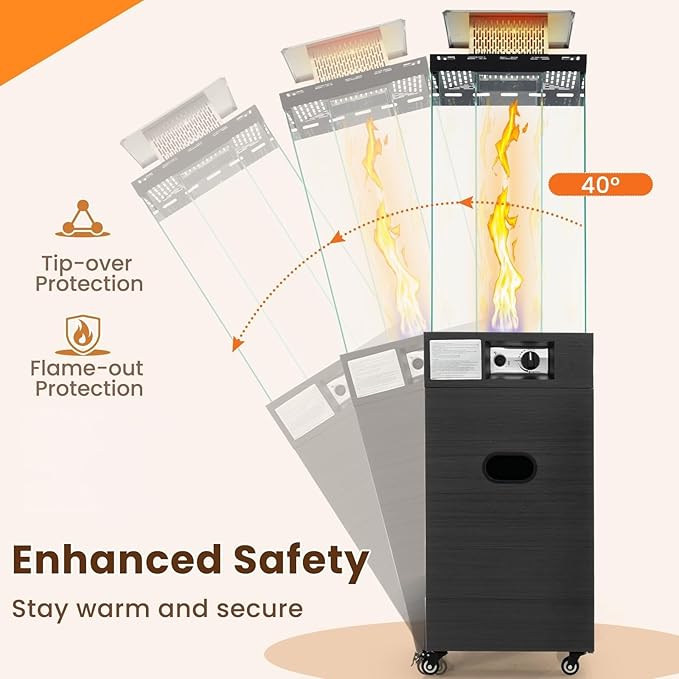 Tangkula Outdoor Heater, 40,000 BTU Propane Patio Heater with Tempered Glass Tube, Stainless Steel Burner, Wheels and Cover, Patio Heater for Outdoor Use, Porch, Backyard (Black)