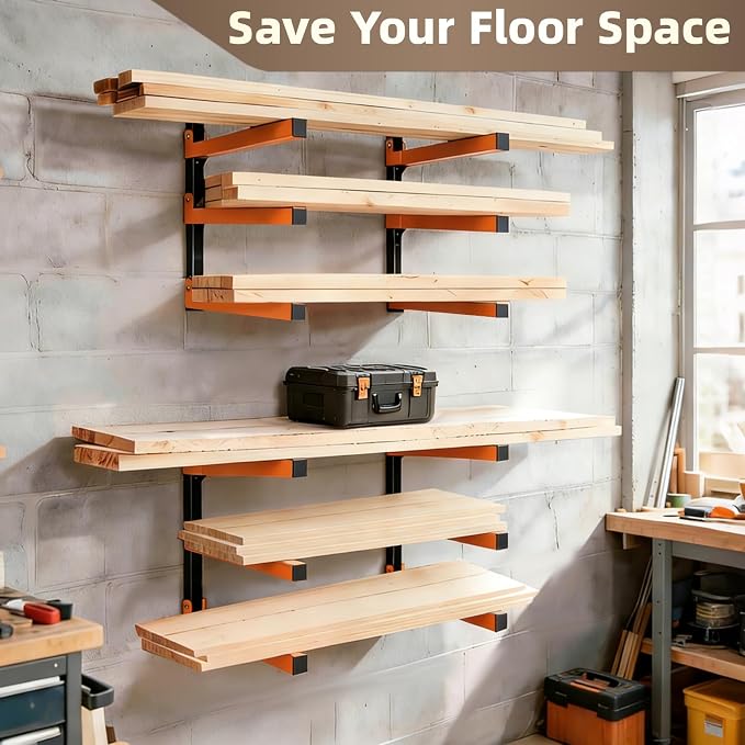 Wall Mounted Lumber Storage Rack and Wood Organizer, Heavy Duty Steel Shelf Brackets for Garages Workshops & Outdoor Sheds, Space Saving Metal Wall Rack - Image 5