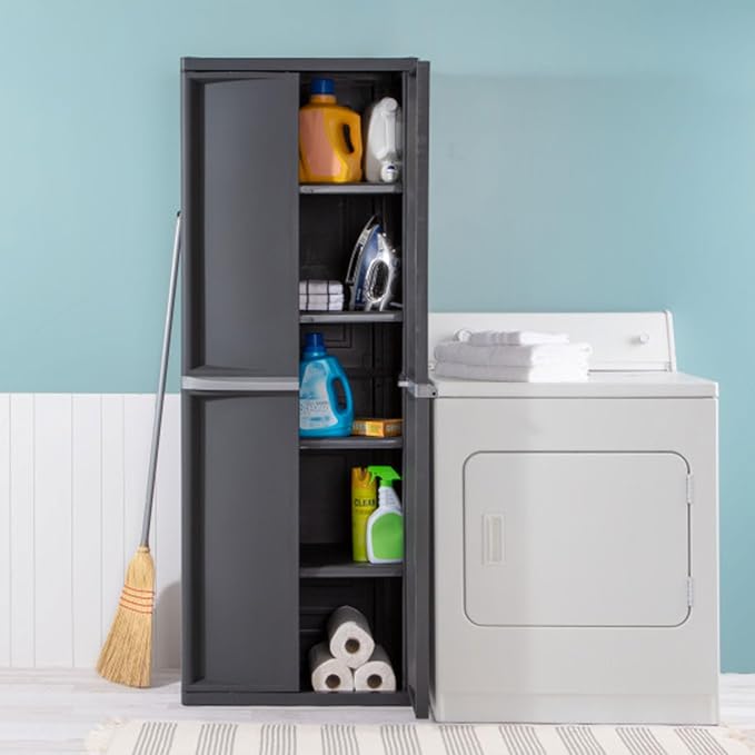 Sterilite 4 Shelf Cabinet, Heavy Duty and Easy to Assemble Plastic Storage Unit, Organize Bins in the Garage, Basement, Attic, Mudroom, Gray, 1-pack - Image 5