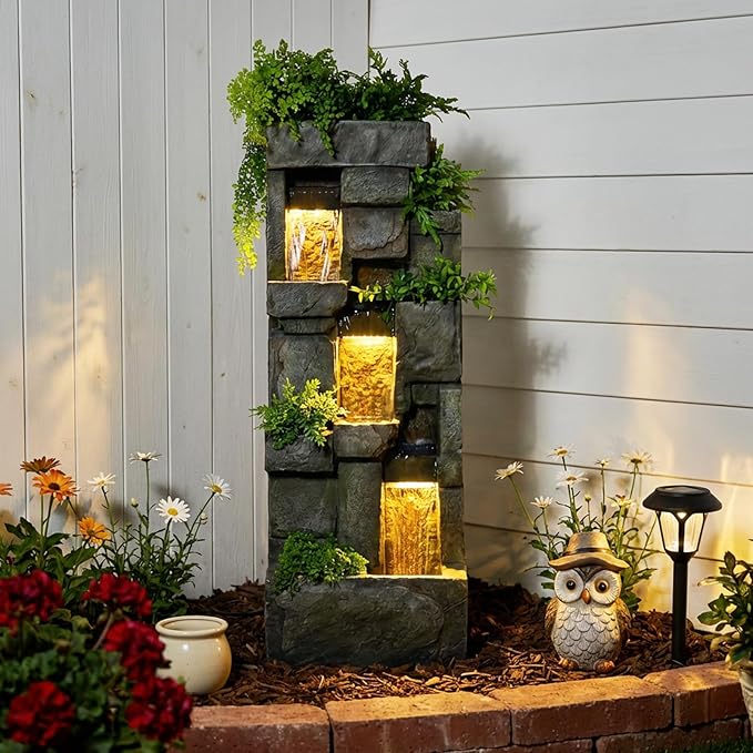 Garden Water Fountains Outdoor Floor Standing, 3 Tier Rock Waterfall Fountain with LED Lights and Pump for Garden, Patio, Backyard, Deck, Porch and Home Art Deco, 56.3" Very Tall