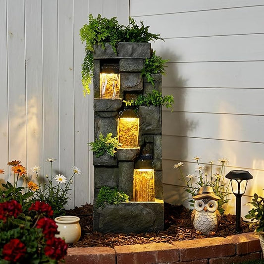 Garden Water Fountains Outdoor Floor Standing, 3 Tier Rock Waterfall Fountain with LED Lights and Pump for Garden, Patio, Backyard, Deck, Porch and Home Art Deco, 56.3" Very Tall