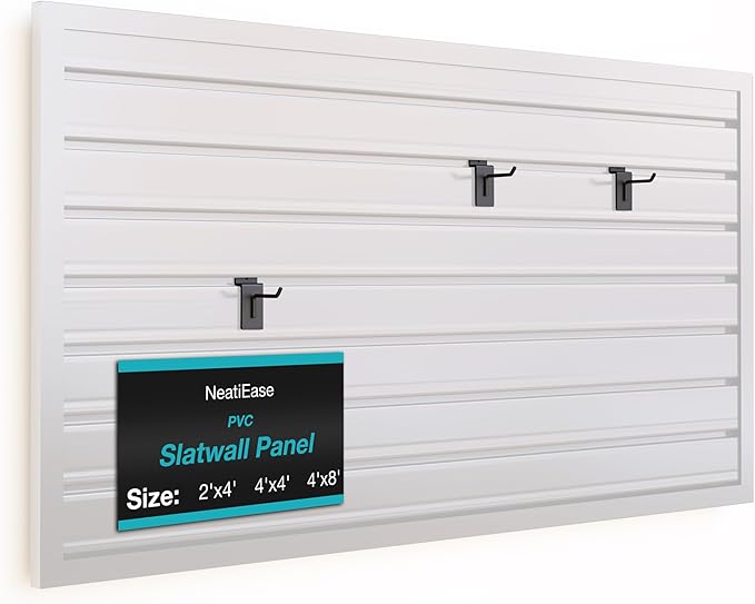 NeatiEase Slatwall Panel Wall Storage Systems, 2 x 4ft Slat Wall Paneling Garage Wall Organizer, Heavy Duty Wall Mounted PVC Wall Rack (White) by NeatiEase