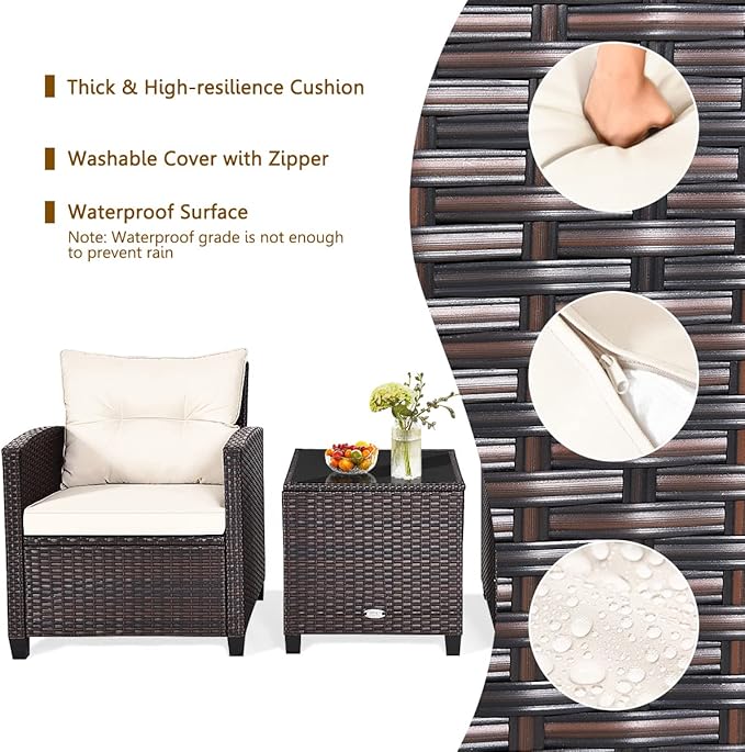 RELAX4LIFE 3 Piece Patio Furniture Set, Wicker Bistro Conversation Set w/ 2 Cushioned Armchairs & Glass Topped Table, Outdoor Rattan Sofa for Porch Balcony Poolside (White)
