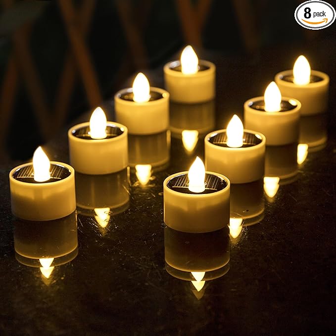 Solar Tea Lights Outdoor Waterproof, 8pcs Rechargeable Dusk to Dawn Little Solar Votive Candles, Flameless Flickering Small Light for Lantern Window DIY Chandelier Patio Deck Garden Decor (Warm White)