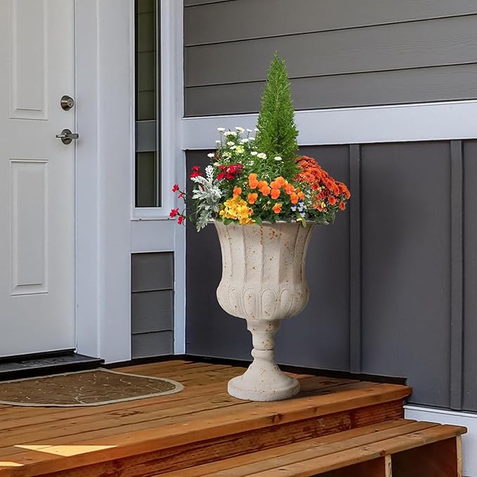 Worth Garden 25" H. Metal Urn Planters 1-Pack - White Classic Antique Iron Plant Pots - Large Decorative Rustic Flower Pots for Outdoor Use - Traditional Urn Planter for Patio, Front Porch