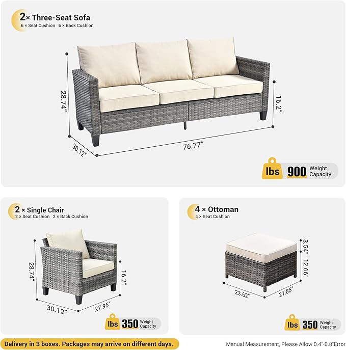 ovios Patio Furniture Set, 8 Pieces Outdoor Wicker Sofa Couch with Chairs, Ottomans and Comfy Cushions, All Weather High Back Rattan Conversation Set, Beige