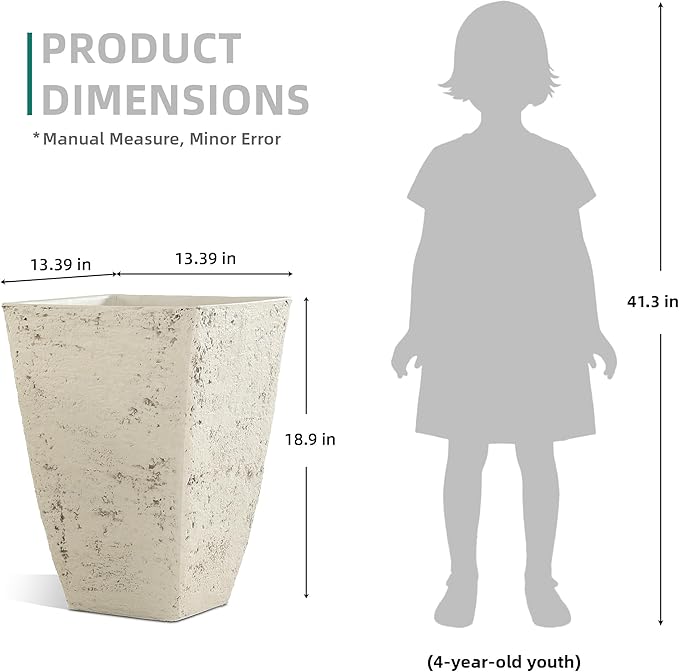 19" H Country White Square Planters for Outdoor Plants, Set of 2 Large Flower Pot with Drainage Hole, Weather-Resistant for Porch,Garden, Patio or Indoor Use