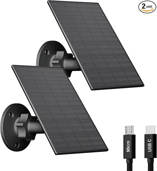 2W Solar Panel for Security Camera Outdoor, USB/USB-C Charger with IP65 Waterproof, 360° Adjustable Mount & 7.2ft Cable, Compatible with Rechargeable Battery Cameras (2 Pack, Black) by VUEBEE