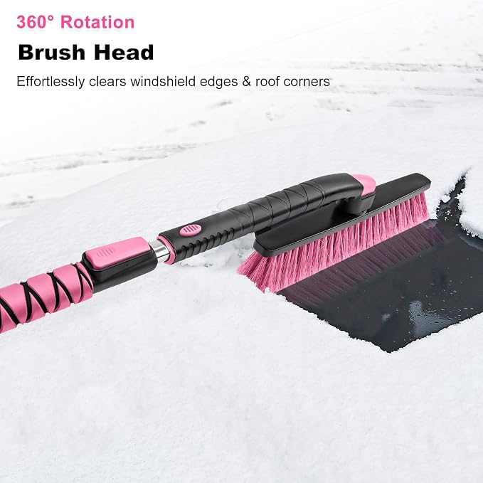 HEEYA 48 Inch Long Snow Brush for SUV, Extendable Ice Scraper and Brush with Foam Grip, 360° Pivoting Snow Car Brush for Truck Auto Jeep RV Vehicle Windshield Window - Pink - Image 8