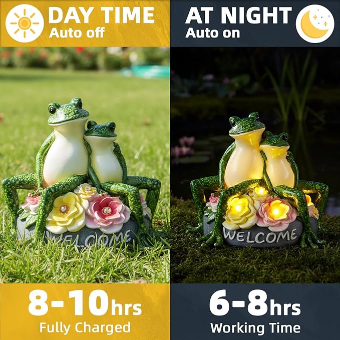 Solar Frog Garden Statues Outdoor Decor - 5.5" Resin Frog Figurine with Welcome Sign, Waterproof Yard Art Ornament for Patio Lawn Porch, Unique Housewarming Birthday Gifts for Women Mom Grandma