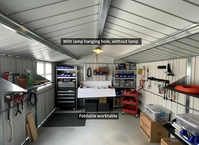 10x12 FT Outdoor Storage Shed, Large Metal Garden Shed with Window & Hinged Door, Upgraded Outside Tool Shed with Foldable Worktable & 2 Shelves, Waterproof Storage Building for Backyard, Brown+Black - Image 4