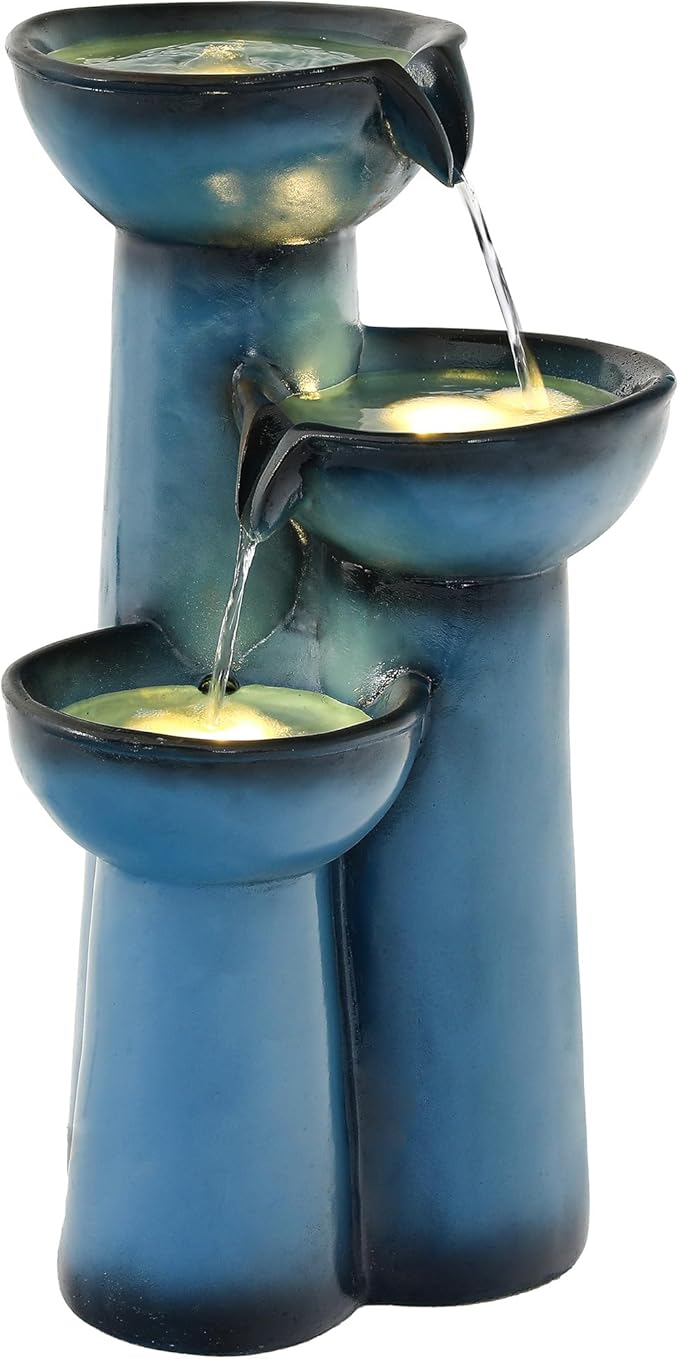 27" Outdoor Water Fountain with LED Lights, 3-Tier Cascading Faux Ceramic Column Water Feature with Pump for Garden Patio Backyard, Weather-Resistant Resin Waterfall for Serene Oasis, Blue