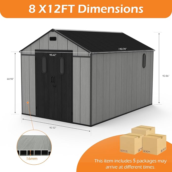 Domi 8x12Ft Resin Outdoor Storage Shed with Floor, Plastic Garden Storage Shed, Outside Weatherproof Storage Building for Tools, Bike, Lawn Mower, Patio, Backyard - Image 2