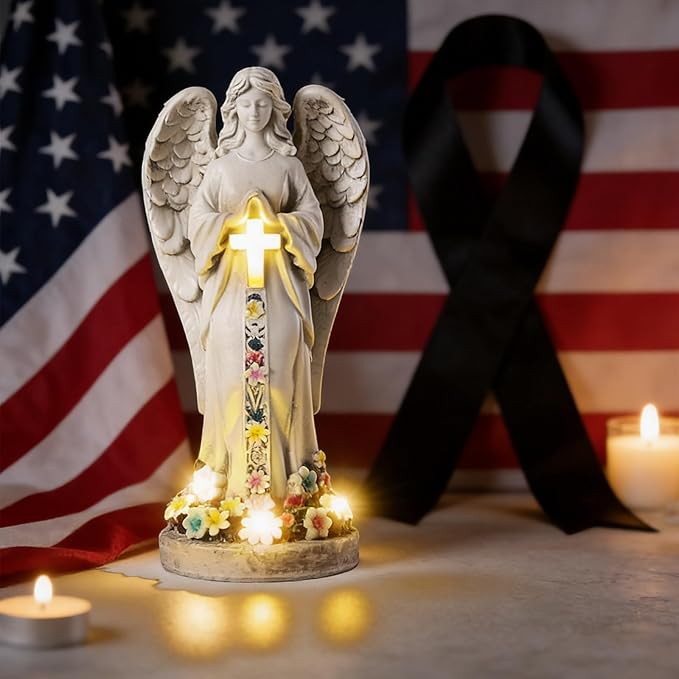 Angel Garden Statues Outdoor Cemetery Decorations for Grave 8.2" Resin Praying Angel Figurines Featuring Cross Solar Light Waterproof Angel Decor for Grave-Sympathy Gifts for Loss of Loved One