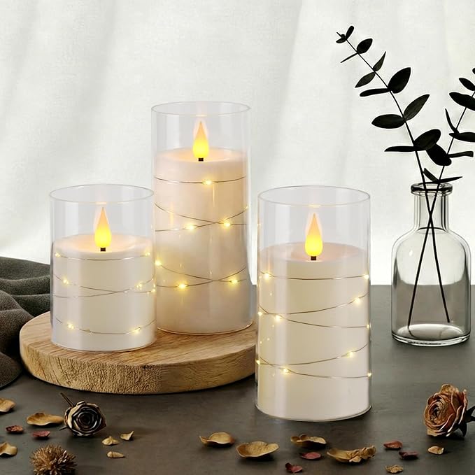 Homemory Flameless Candles with Embedded Star String Fairy Lights, Battery Operated Candles, LED Candle, Fake Candles with Remote Control and Timer, White, Set of 3(H 4" 5" 6?€?)