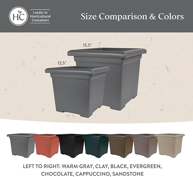 The HC Companies 12.5 Inch Accent Square Plant Pots with Drainage, Lightweight UV-Resistant Plastic Planters for Indoor & Outdoor Plants, 2-Pack Flower Pots for Garden, Office & Home Decor, Clay