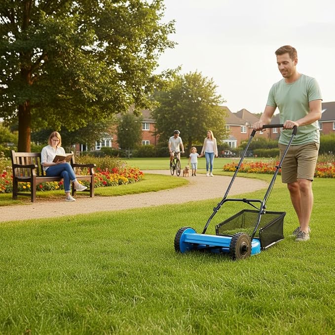 14-Inch 5-Blade Push Reel Lawn Mower with Grass Catcher, Blue - Adjustable Height Precision Cutting, Eco-Friendly Manual Lawn Mower with Durable Steel Blades for Lawn Maintenance - Image 3
