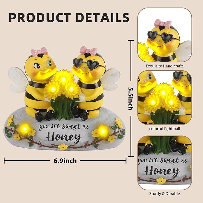 Solar Bee Lights Garden Statues 5.5" Resin Bee Figurine Waterproof Yard Lawn Patio Decorations Birthday Housewarming Gifts for Mom Wife Women Honeybee Decor Garden Sculptures with Sunflowers