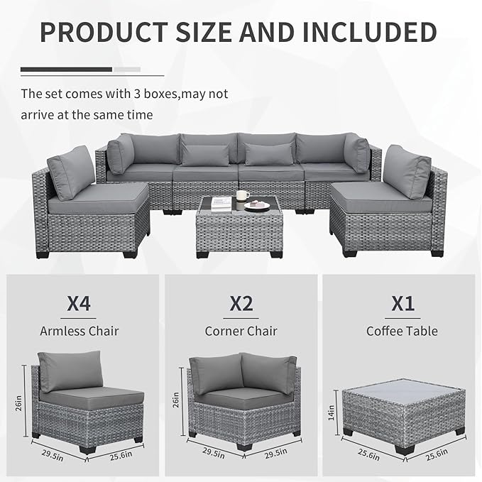 Valita 7 Pieces Outdoor Wicker Furniture Conversation Set Patio Sectional Sofa Set Glass Table with Non-Slip Cushions Furniture Cover, Light Grey