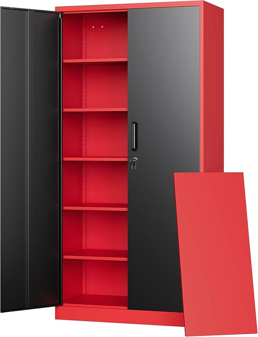 Letaya Metal Garage Storage Cabinets with Lock, 71" Tall Locker Organizer Steel Tool Cabinets,5 Adjustable Shelves 2 Doors for Home Office, Warehouse,Garage,Industrial,Employee (Black Red) by LetayaMetalCabinets