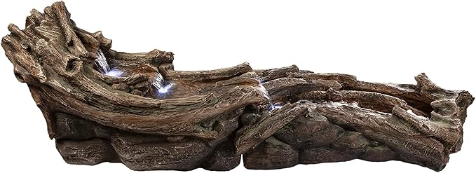Alpine Corporation 80" Long Indoor/Outdoor Wood River Log Water Fountain with LED Lights, Cascading Natural Water Feature for Gardens, Patios, Yards, and Outdoor Decor, Brown and Gray