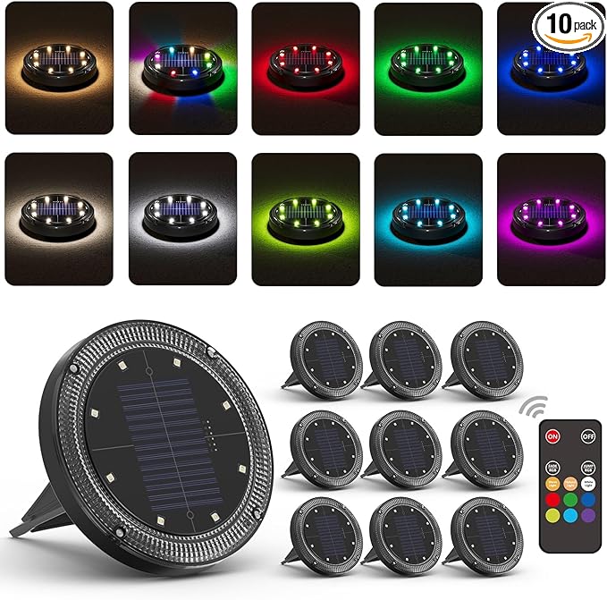 Color Changing Solar Ground Lights with 33ft Long Distance Remote Control - Flat Solar Lights Outdoor Waterproof - Pathway Lights Solar Powered for Yard Decorative Outside Lawn Walkway [10 Pack]