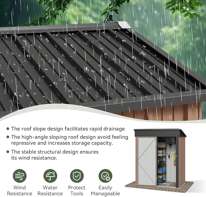 Aoxun 5’ x 2.9’ Shed Outdoor Storage Shed with Lockable Doors & Slooping Roof Metal Garden Tool Shed for Backyard, Patio, Poolside (Brown) - Image 3