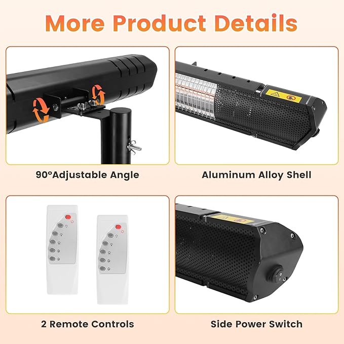 Outdoor Heaters for Patio, 1500W Infrared Heater with Stand, IP65 Waterproof Electric Patio Heater Tripod Wall Mount, 3 Heating Levels, Remotes, Timer for Garage Yard Home