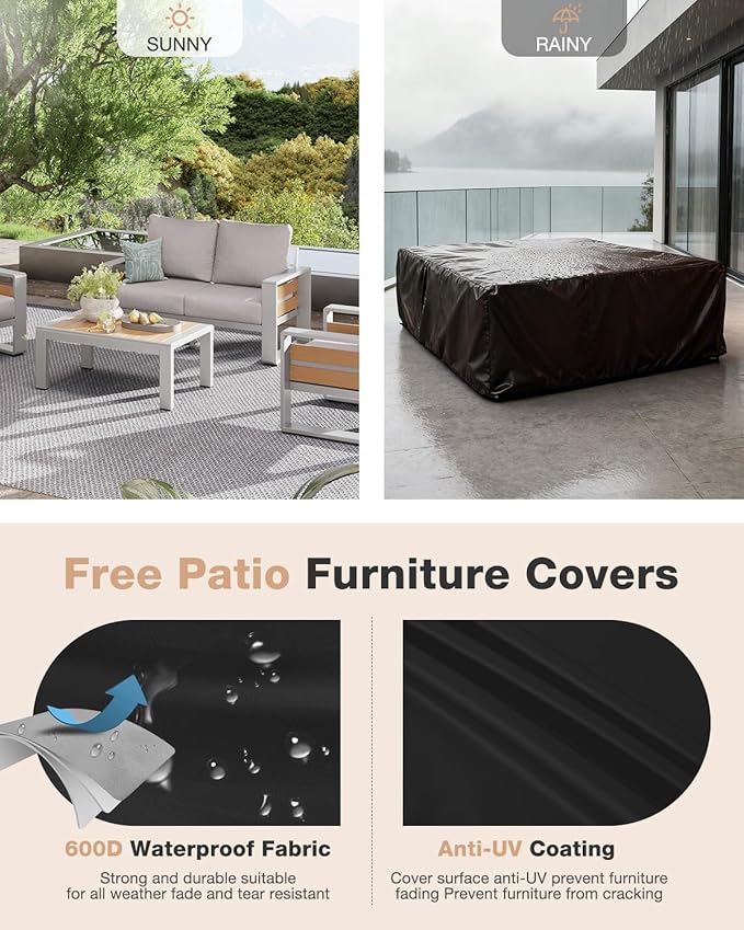 Aoxun Aluminum Patio Furniture Set, 4 Piece Luxury Outdoor Sectional with 6" Olefin Fabric Cushions, Patio Conversation Sets with Coffee Table and Waterproof Cover for Backyard, Porch Grey