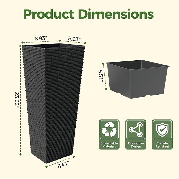 2 Pack Large Planters for Indoor Plants, Outdoor 24 inch Tall Planter with Removable Liners, Plant Pots for Trees Flowers, All-Weather Use with Drainage Holes for Porch, Patio, Backyard, Black