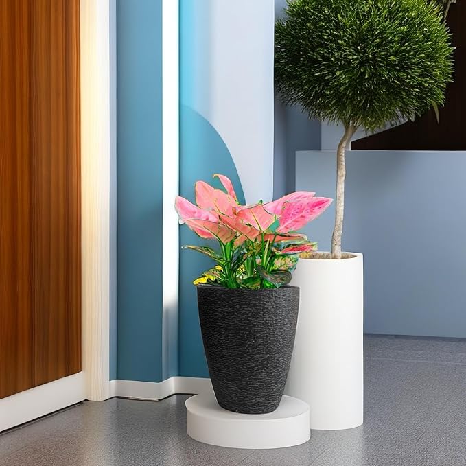 10 inch Garden Planter Lightweight Indoor Outdoor Pots with Drainage Hole for Potted Plants Flowers Greenery, Set of 2 (Black Grain Texture)