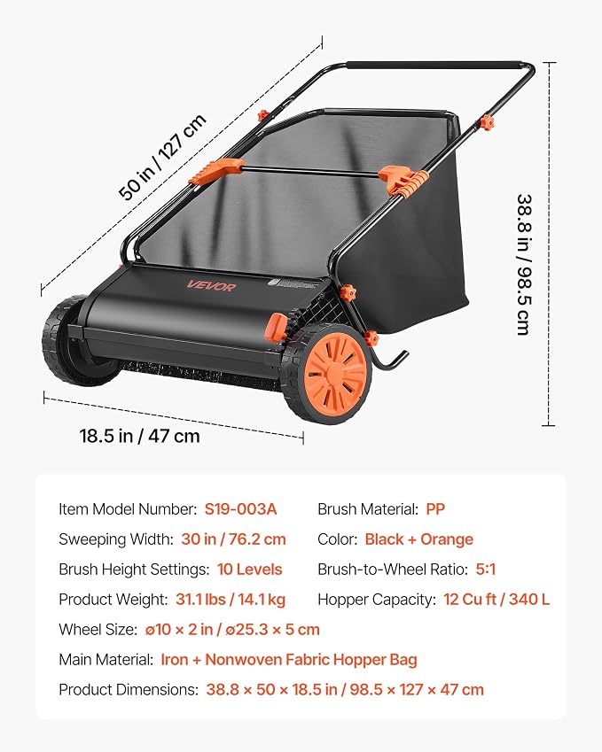 VEVOR Push Lawn Sweeper, 30 in Leaf & Grass Collector with 12 cu. ft. Hopper Bag, Adjustable Brush Height & Spinning Brushes, Heavy Duty Yard Sweeper with Rubber Wheels for Leaves Grass Cleanup - Image 7
