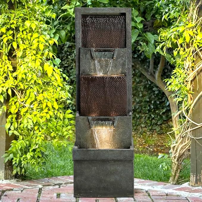39.3'' Tall Floor Outdoor Fountains and Waterfalls with Lights Indoor Water Fountain Outdoor Modern Floor-Standing Fountain for Yard, Floor Patio, Backyard and Home Art Decor