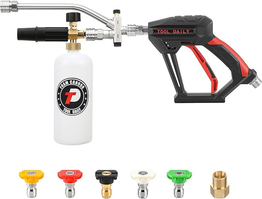 Tool Daily Short Pressure Washer Gun with Foam Cannon, Dual Connector Accessory, 1/4 Inch Quick Connect, 5 Spray Nozzle Tips, 1 Liter by ToolDaily