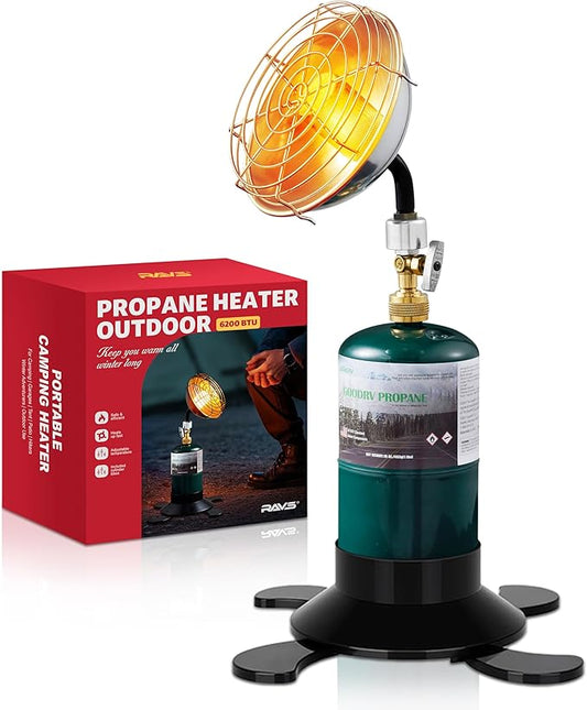 RAVS Portable Propane Heater for Camping, 6500BTU Outdoor Tent Heater with Foldable Tank Holder & Control Valve, Ice Fishing Heater for Hiking, Hunting, Backyard -Upgraded Burner, Fuel not Included