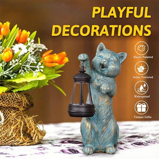 Garden Statue Cat with Solar Lantern Outdoor Decorations Cat Figurine Lights for Outdoor Patio Balcony Yard Porch Lawn for Women Mom Grandma Family Friend