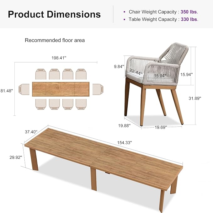 PURPLE LEAF 11 Pieces Patio Dining Set Aluminum Modern Oversize Rectangular Table and Rattan Arm Chairs with Cushions for Kitchen Porch Garden Outdoor Furniture Sets, Teak - Image 8