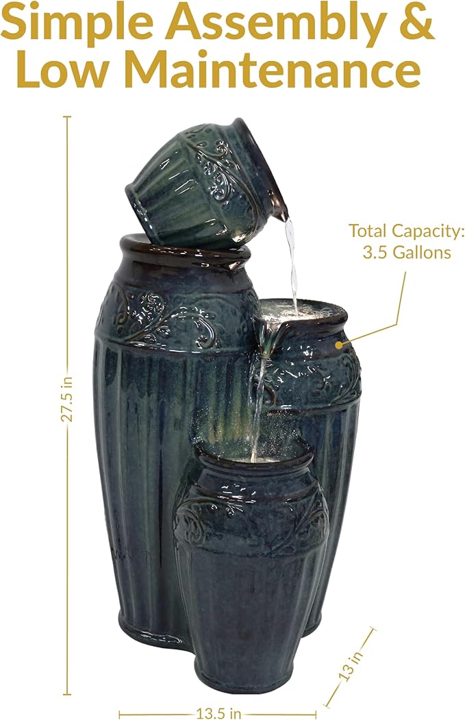 Sunnydaze Tour de Vase Ceramic 27-Inch Outdoor Water Fountain - LED Lights - Electric Submersible Pump with Adjustable Flow