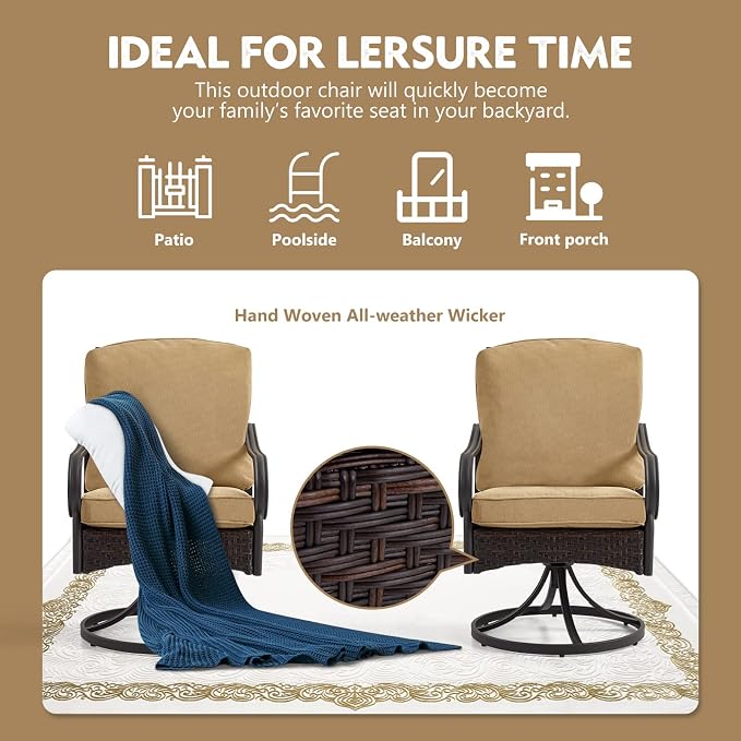 EROMMY Patio Swivel Chairs Set of 4, Outdoor Swivel Chairs with Cushion, Patio Dining Chairs for Garden, Patio, Backyard and Balcony, Khaki - Image 7