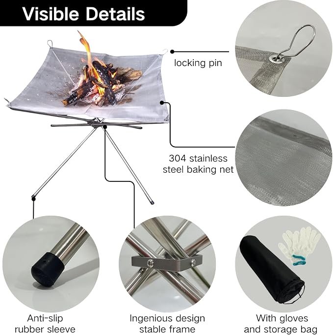 BeGrit Portable Fire Pit for Camping, 16.5" Wood Burning Fire Pits for Outdoor, 304 Stainless Steel Mesh Firepit for BBQ, Bonfire, Backyard, Garden, Patio (with Carrying Bag & Gloves) - Image 2