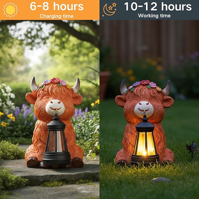 Garden Statues Highland Cow with Solar Lantern, Outdoor Highland Cow Figurines Decorations for Patio Yard Lawn Ornaments, Gifts for Mom/Grandma Birthday Housewarming