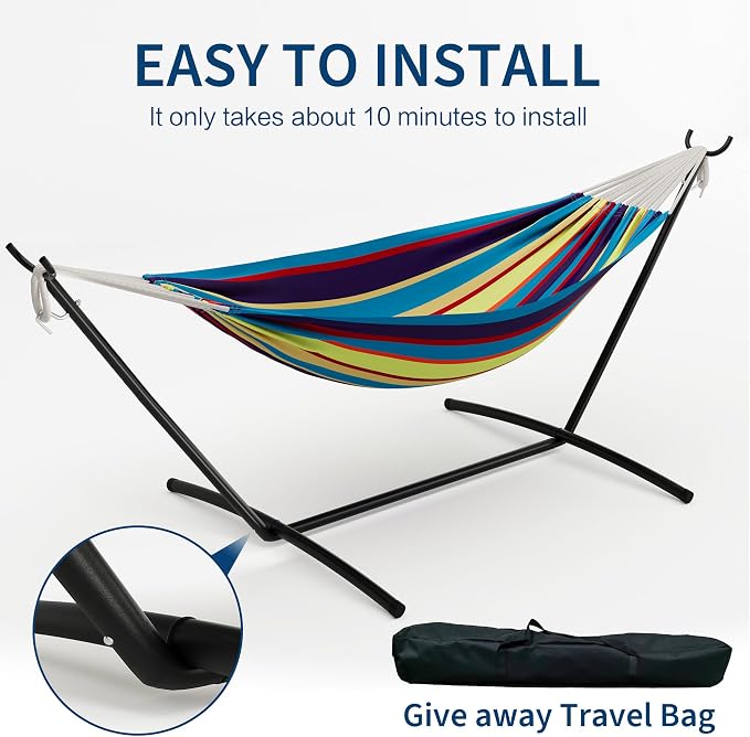 Double Hammock with Steel Stand - 2 Person Hammock Bed Indoor Outdoor, Brazilian-Style, with Carry Bag, 450lb Capacity, Portable & Easy Assembly, Tropical - Image 6