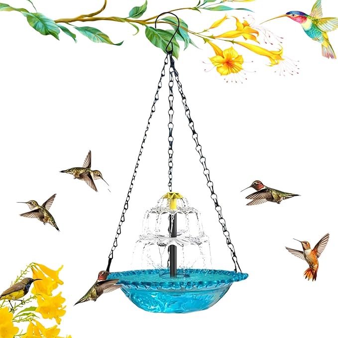 Solar Cascade Hanging Bird Bath Fountain, Outdoor Hanging Bird Bath with Solar Fountain, Large Humming Birds Baths Fountains, with Solars Pump & Glass Bowl, for Outdoor, Gardens (Three Floors 1pc)
